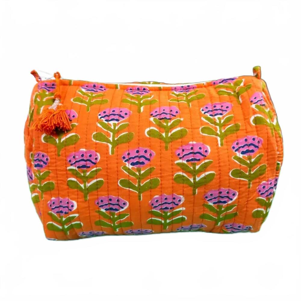 NEW FOLKLORE COUTURE women's quilted makeup cosmetics toiletry bag in orange flo
